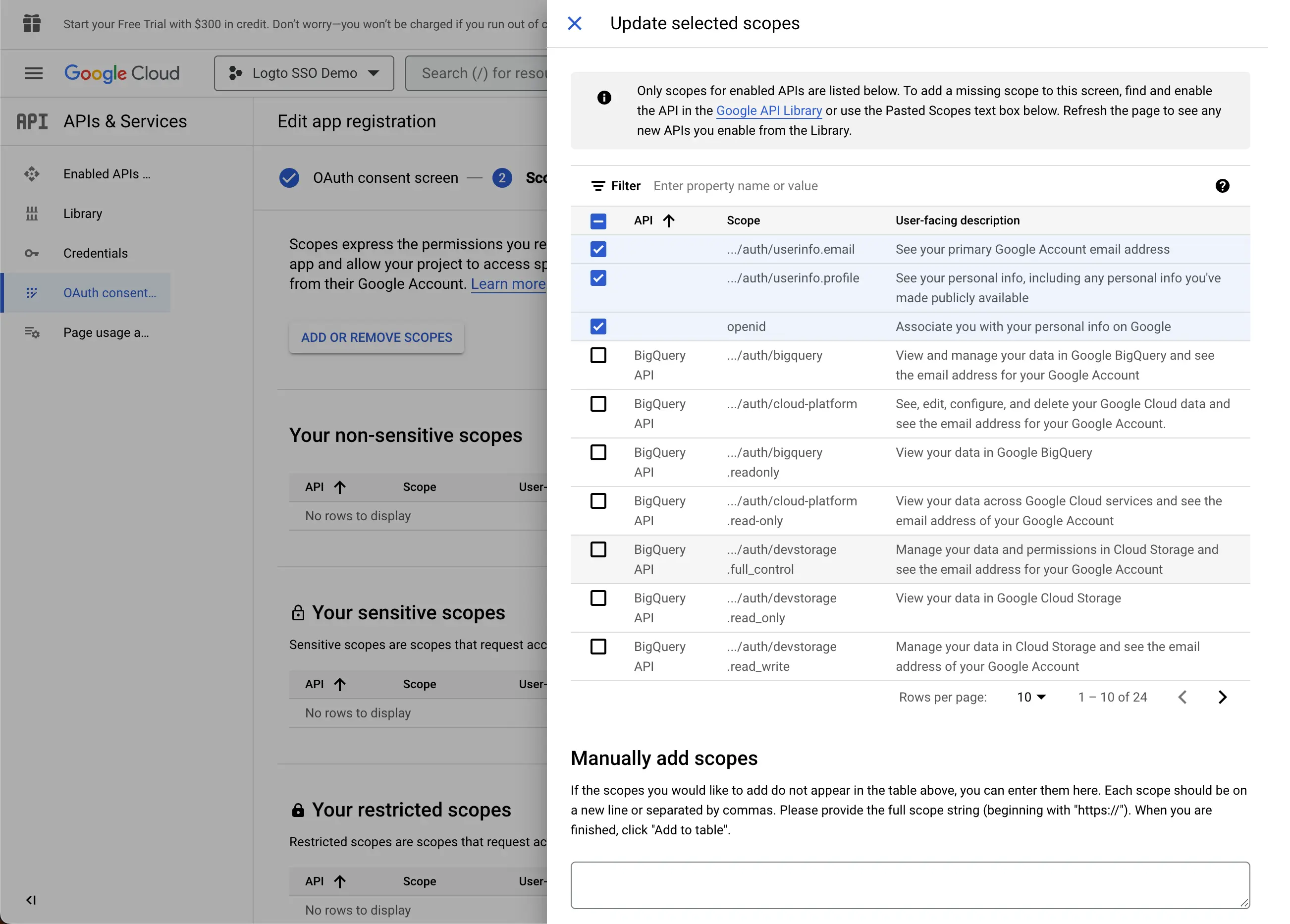 Portées de l'écran de consentement Google Workspace